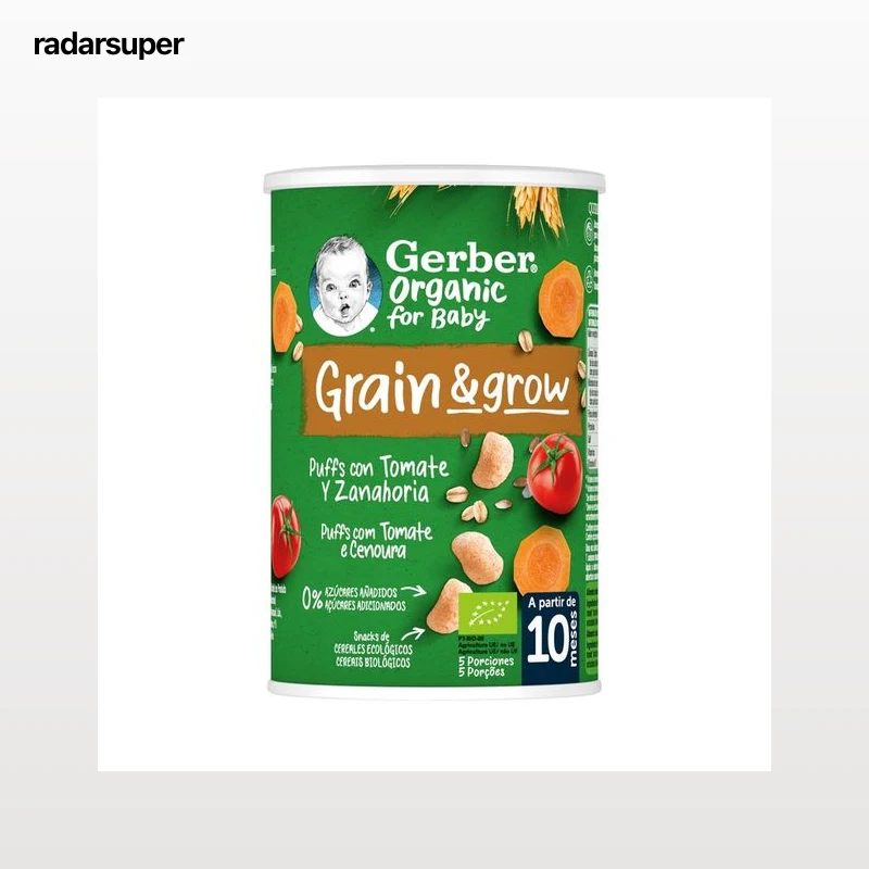 GERBER Organic Snacks (puffs) de cereales ecológicos, con tomate y zanahoria, a paritr de 10 meses 35 g.