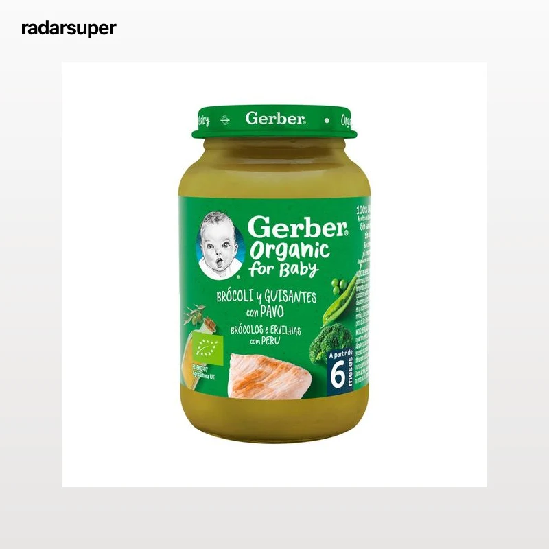 GERBER Organic Tarrito de de brocolí y guisantes con pavo, a partir de 6 meses 190 g.