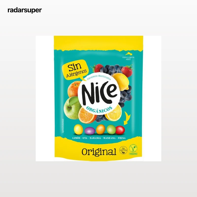 Grageas de caramelo masticable sabores surtidos orgánicos Nice Original sin gluten doy pack 100 g.