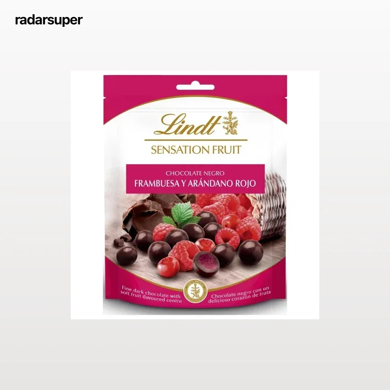 Grageas de chocolate negro rellenas de frambuesa y arándanos rojos sensation fruit Lindt 150 g.