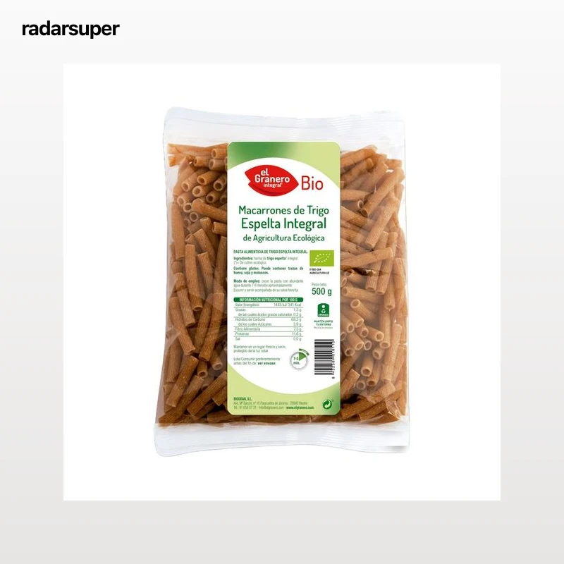 EL GRANERO Integral Pasta macarrones de trigo (espelta integral ecológica) 500 g.