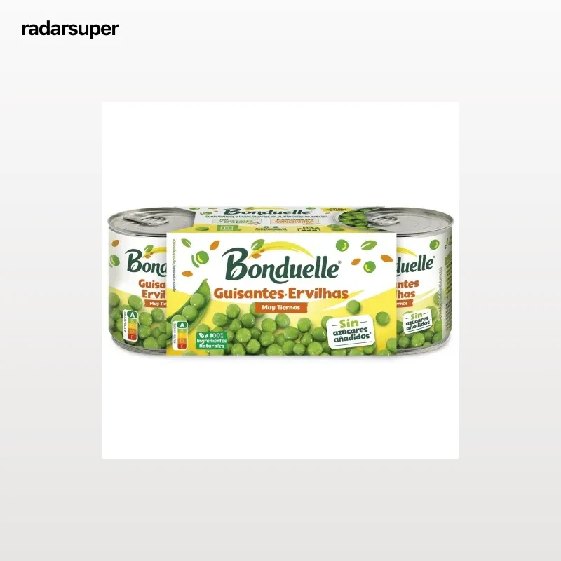 Guisantes tiernos y muy finos sin azúcar añadido Bonduelle pack de 3 unidades de 140 g.