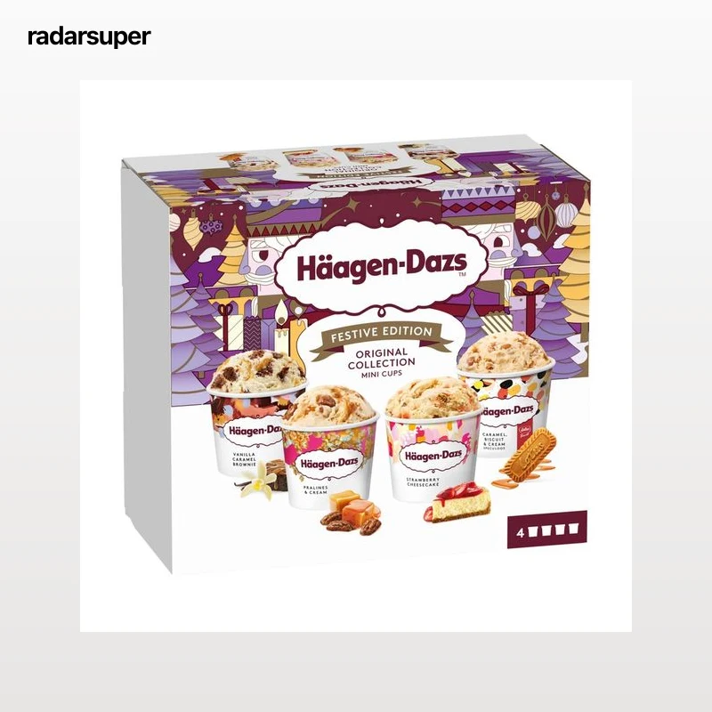 HÄAGEN-DAZS Festive edition Mini tarrinas de helados surtidos (vainilla, praline, caramleo con lotus y tarta de queso) 4 x 95 ml.