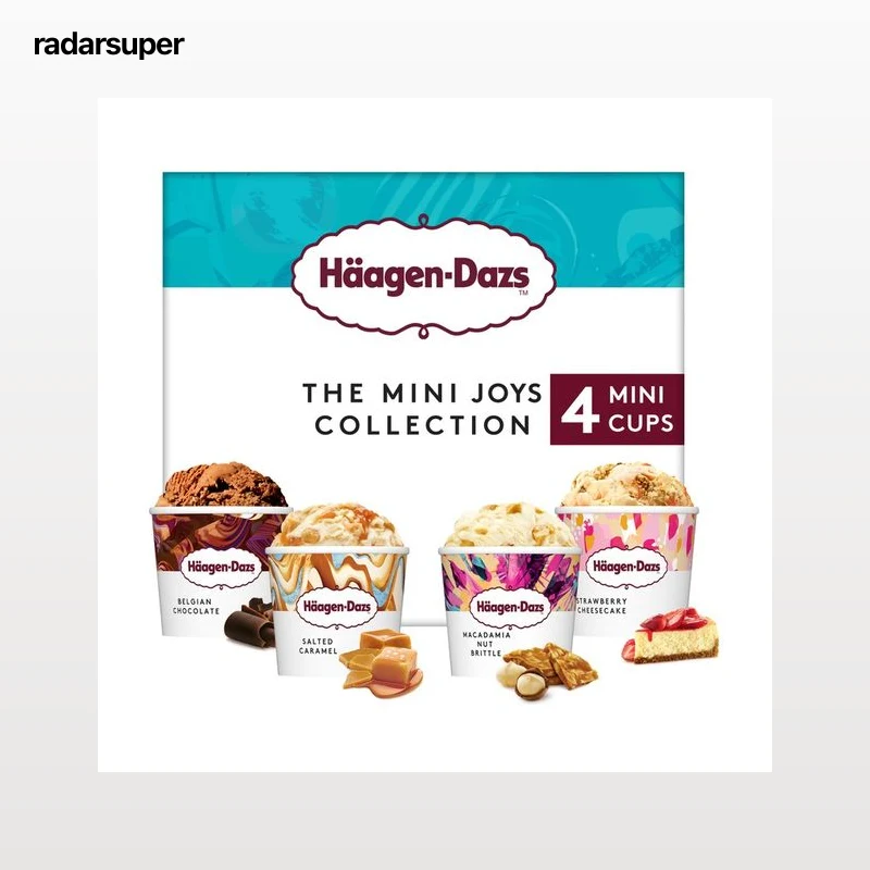 HÄAGEN-DAZS Mini tarrinas de helado de chocolate belga, caramelo salado, nueces de Macadamia y cheesecake con fresa 4 x 95 ml.