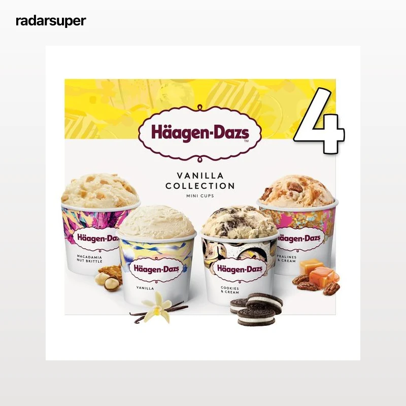 HÄAGEN-DAZS Mini tarrinas de helado de vainilla con caramelo, cookies, o nueces de Macadamia 4 x 100 ml.