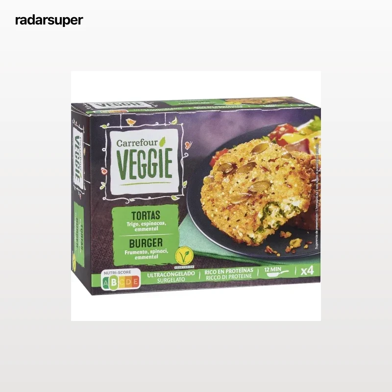 Hamburguesa de trigo, espinaca y emmental Carrefour Veggie 400 g.
