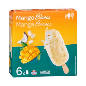 Helado bombón mango blanco Hacendado con salsa de mango