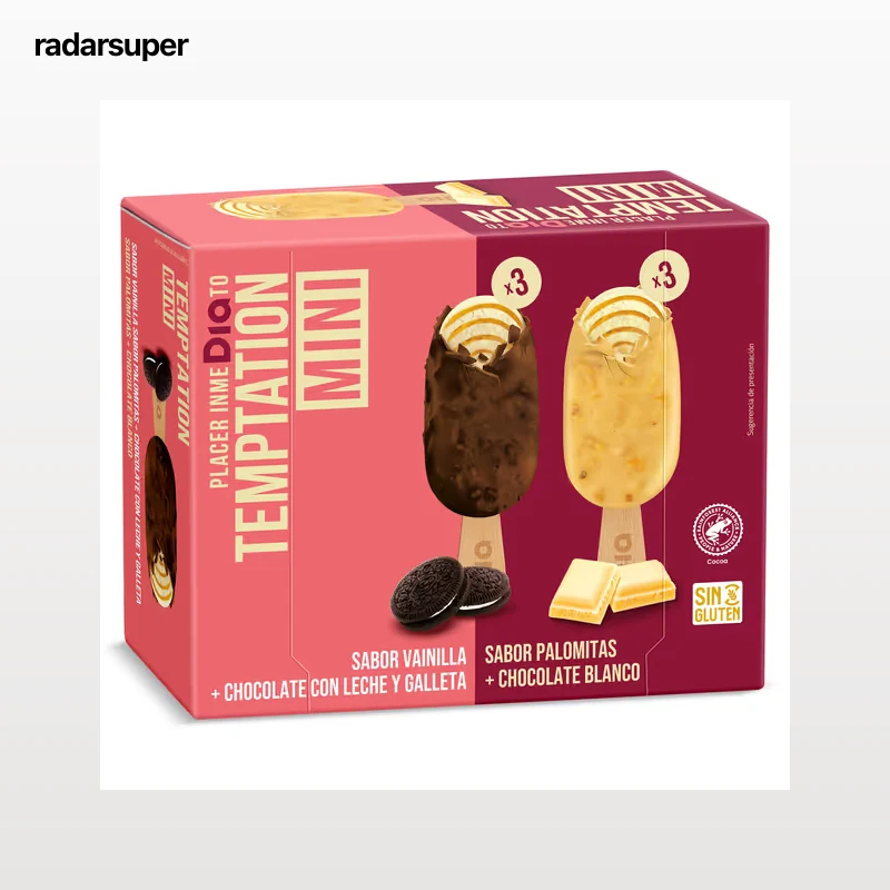 Helado bombón mini popcorn y cookies 6 unidades Dia Temptation 216 g