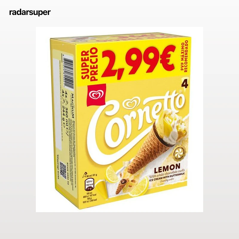 Helado cornetto frigo con sabor a limón pack de 4 unidades