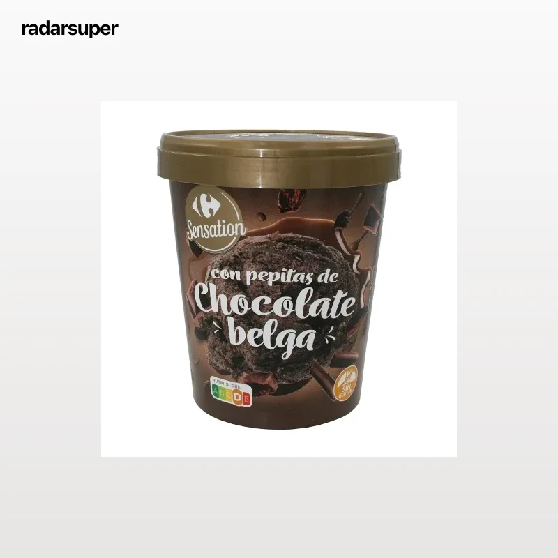 Helado de chocolate con pepitas chocolate belga Sensation Carrefour sin gluten 500 ml.
