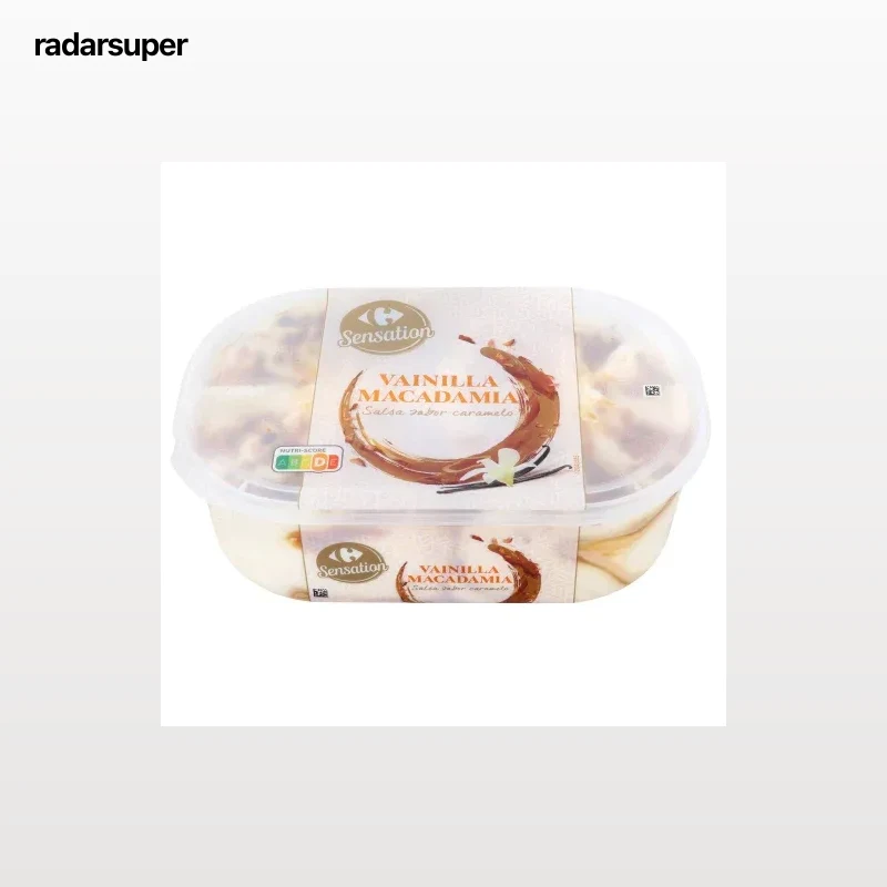 Helado de vainilla y macadamia con salsa de caramelo Carrefour Sensation 900 ml.