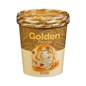 Helado golden pecan Hacendado sabor vainilla con trozos de nueces de pecán, salsa dulce de arce y caramelo