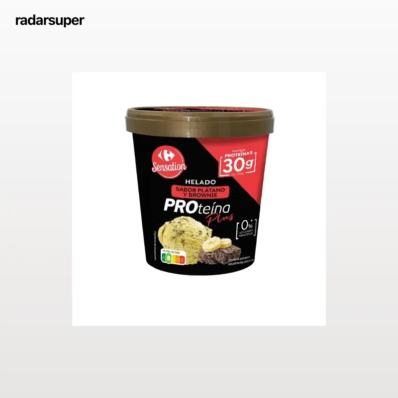 Helado proteína plátano con brownie Carrefour Sensation sin azúcar añadido 300 g.