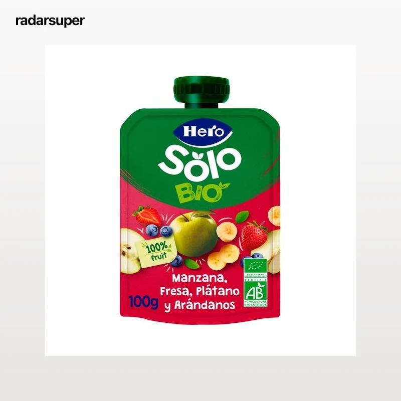 HERO Solo bio Bolsita de fruta (manzana, fresa, plátano y arándanos) ecológicas, a partir de 4 meses 100 g.