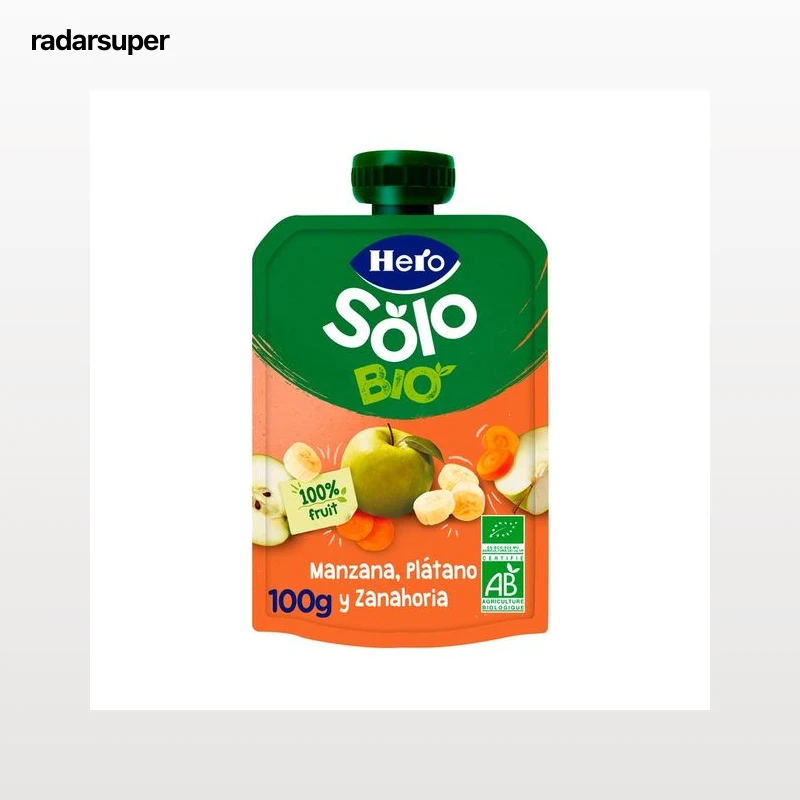 HERO Solo Bio Bolsita de frutas y hortalizas (manzana, plátano y zanahoria) ecológicas, a partir de 4 meses 100 g.