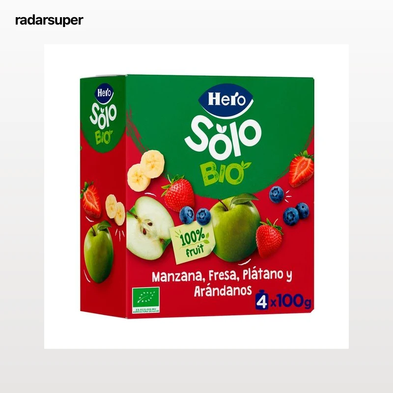 HERO Solo Bio Bolsitas de fruta (manzana, fresa, plátano y arándanos) ecológicas, a partir de 12 meses 4 x 100 g.