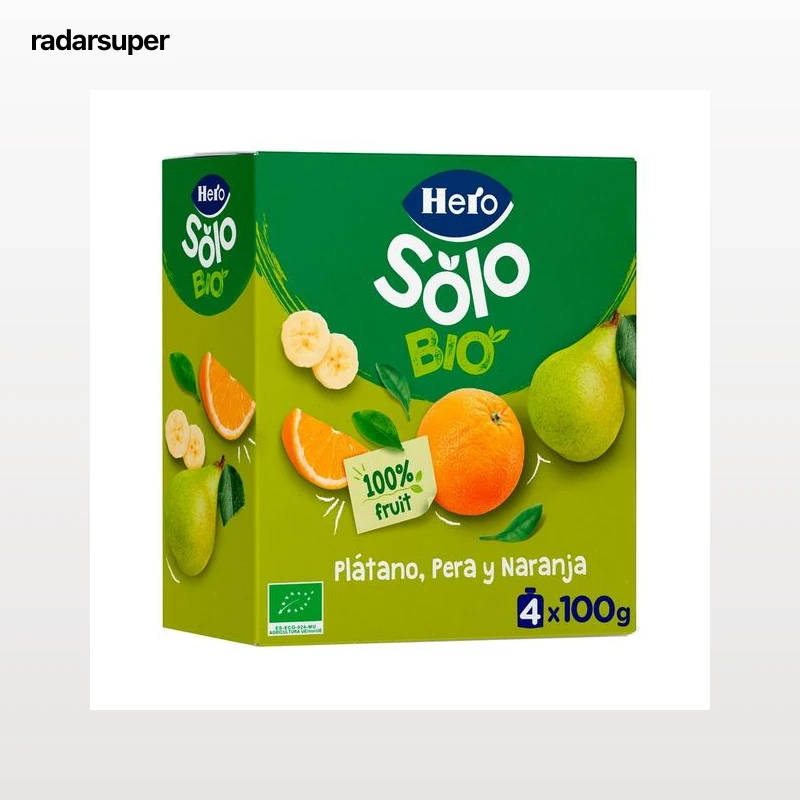 HERO Solo Bio Bolsitas de fruta (plátano, pera y naranja) ecológicas, a partir de 6 meses 4 x 100 g.