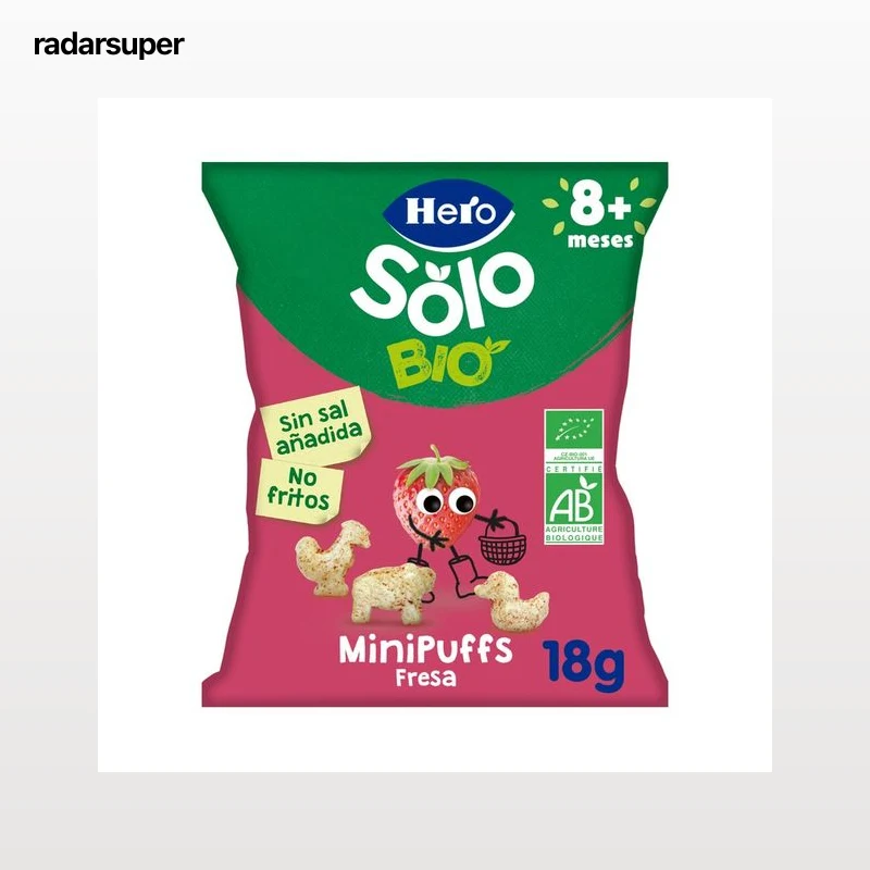 HERO Solo bio Snacks infantiles no fritos de cereales y fresas ecológicos, sin sal añadida, a partir de 8 meses 18 g.