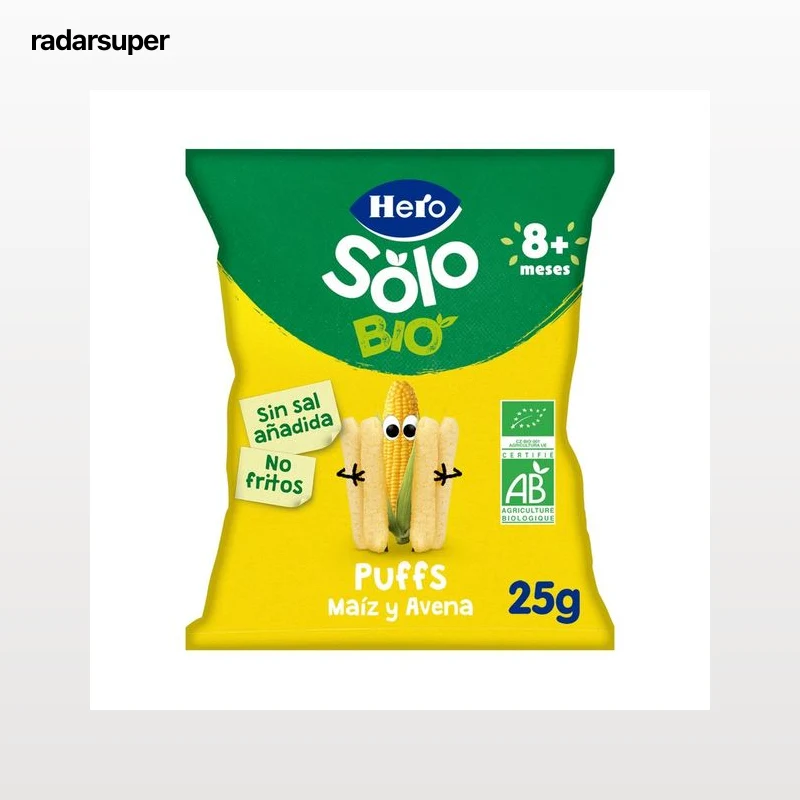 HERO Solo bio Snacks infantiles no fritos y sin sal añadida. de maíz y avena ecológicos, a partir de 8 meses 25 g.