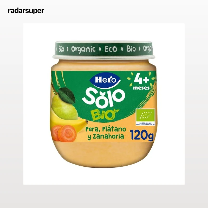 HERO Solo bio Tarrito de frutas y hortailiza (pera y plátano y zanahoria) ecológicos, a partir de 4 meses 120 g.