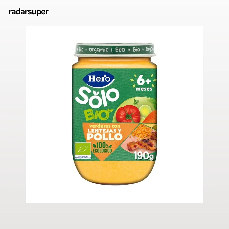 HERO Solo bio Tarrito de verduras con lentejas y pollo ecológicos, a partir de 6 meses 190 g.