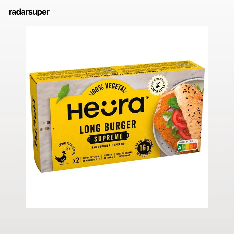 HEÜRA Long burger vegetal a base de proteína de soja y aceite de oliva virgen extra Supreme 2 x 105 g.