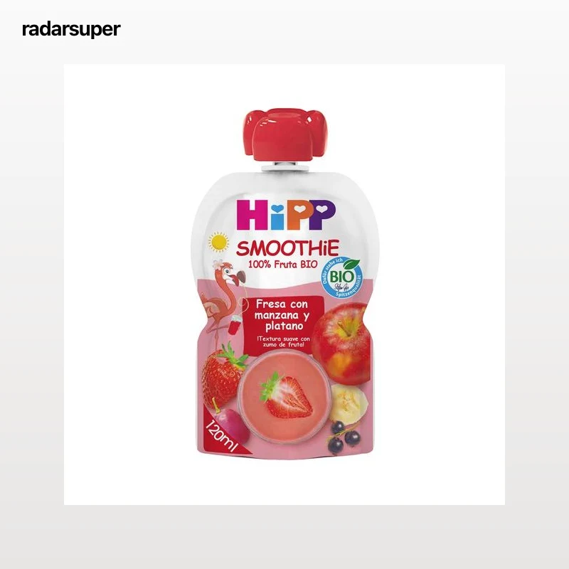 HIPP Bio Bolsita de smoothie de fresa, con manzana y plátano, ecológicos, a partir de 6 meses 120 ml.
