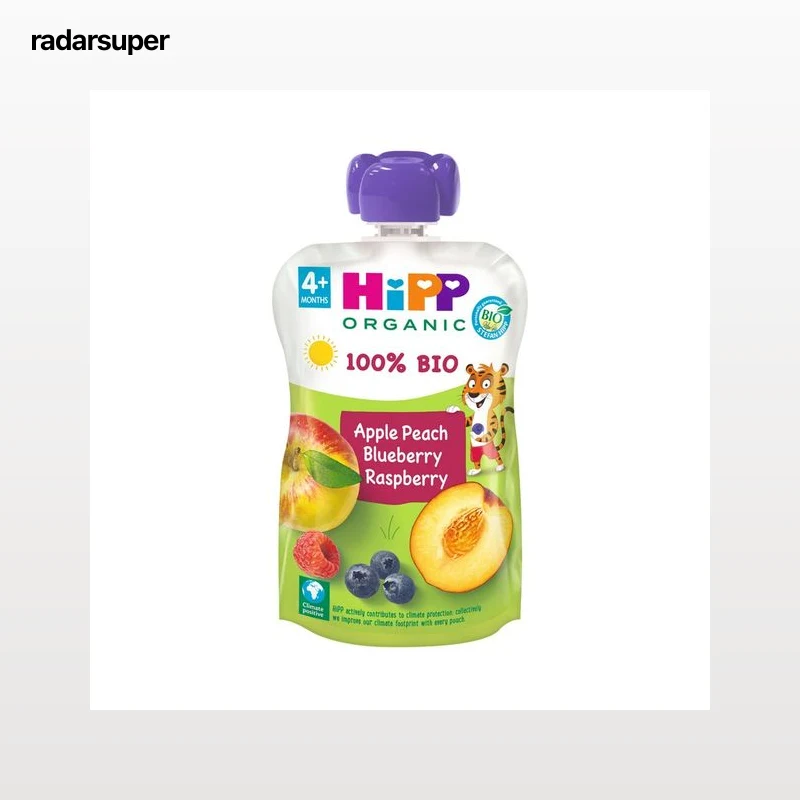 HIPP Organic Bolsita de fruta 100% ecológica (manzana, melocotón, frambuesa y arándano) a partir de 4 meses 100 g.