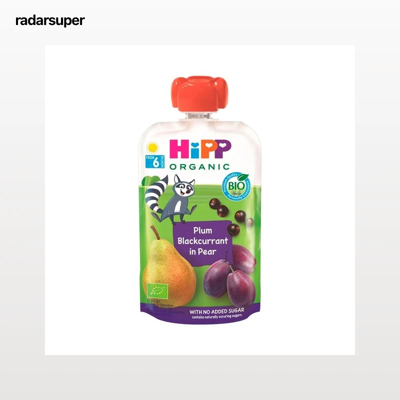 HIPP Organic Bolsita (pouch) de ciruela, pera y grosellas ecológicas, a partir de 6 meses 100 g.