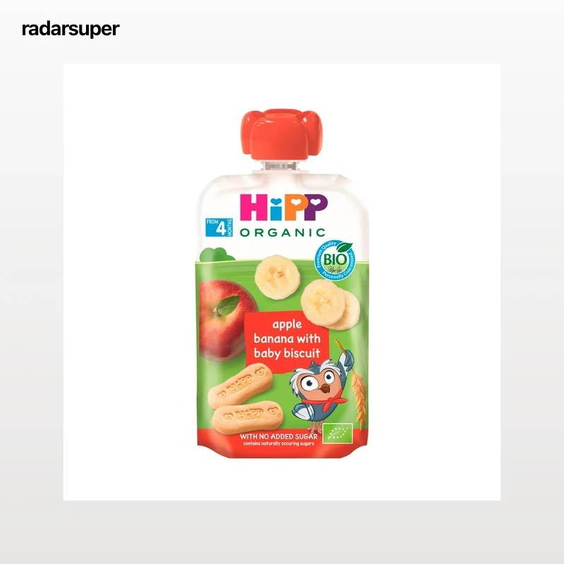 HIPP Organic Bolsita (pouch) de fruta (manzana y platáno) con galleta ecológicos, a partir de 4 meses 100 g.