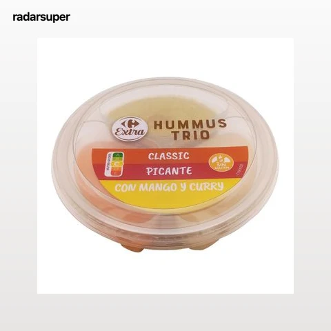 Hummus trio classic, picante, mango y curry Carrefour Extra 210 g