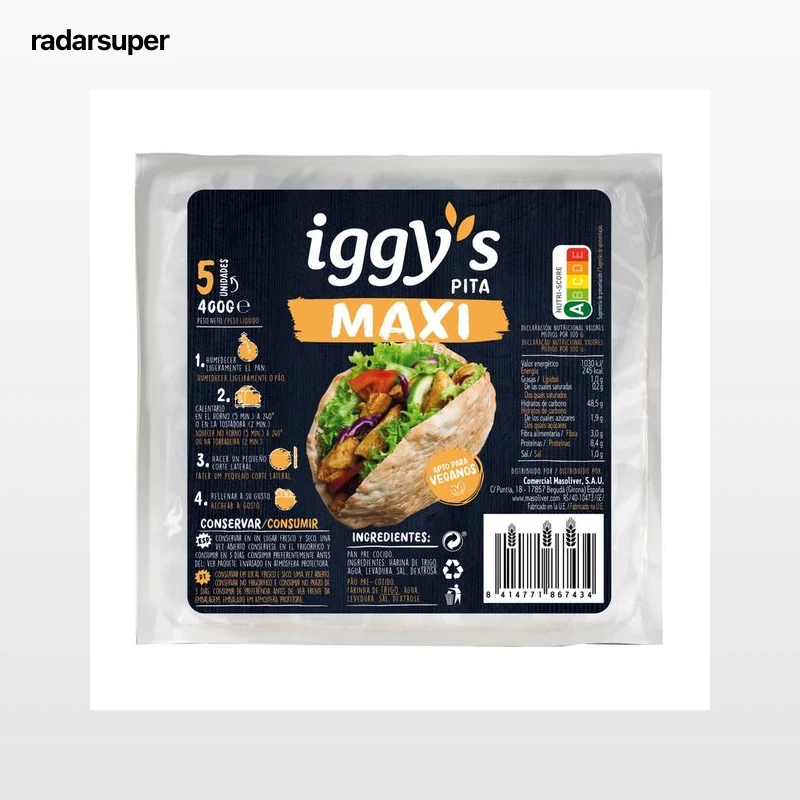 IGGY"S Pan pita de trigo tamaño maxi, apto para veganos 5 uds. 400 g.