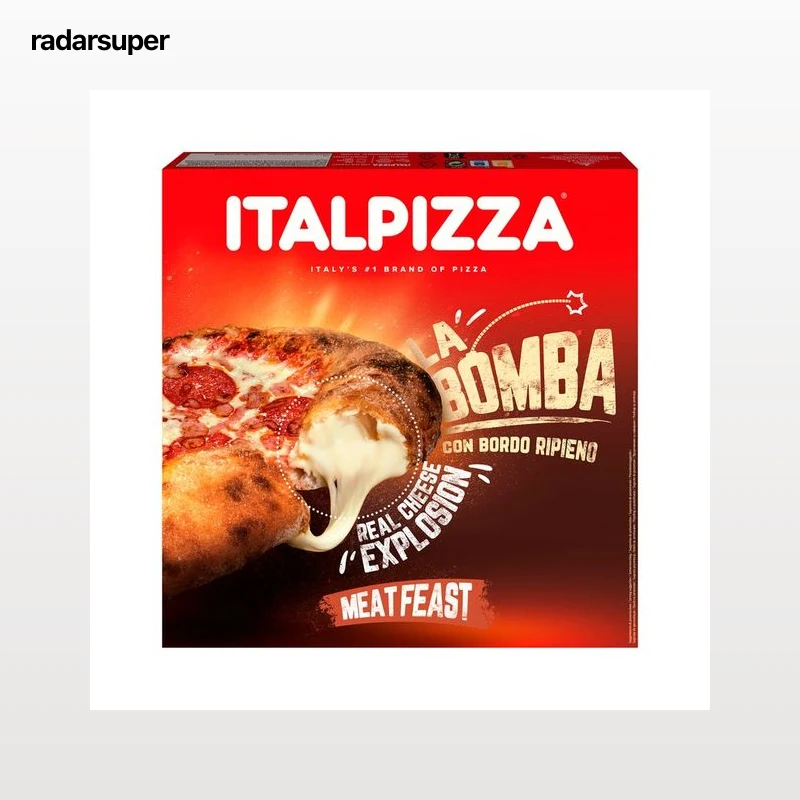 ITALPIZZA La bomba meat feast Pizza congelada de tenera, salami picante y baicon con el borde relleno de queso 470 g.