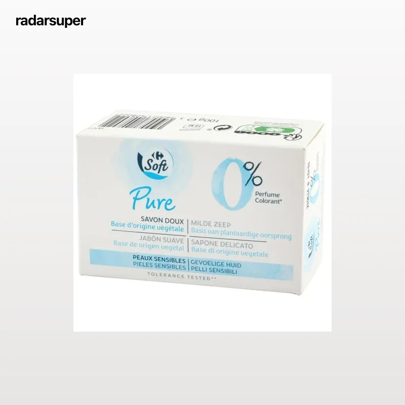 Jabón de cara y cuerpo en pastilla pieles sensibles Pure Carrefour Soft 100 g.