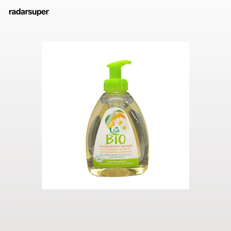 Jabón de manos con mandarina y camomila ecológico Soft Bio Carrefour 330 ml.