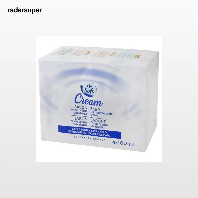 Jabón en crema hidratante Soft Carrefour pack de 4 unidades de 100 g.