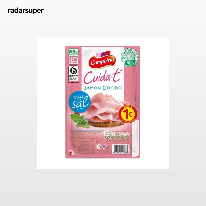 Jamón cocido bajo en grasa reducido en sal en lonchas Campofrío - Cuida-t+ sin gluten sin lactosa 65 g.