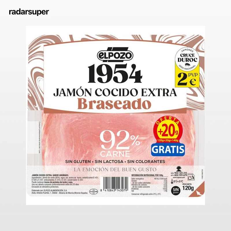 Jamón cocido extra 1954 ELPOZO 120+20gr braseado