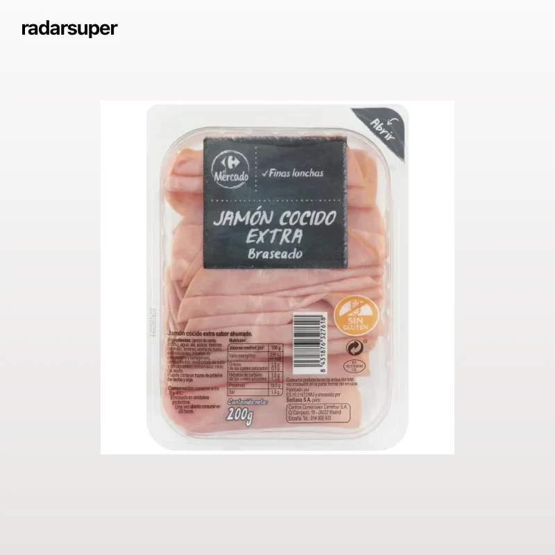 Jamón Cocido Extra Braseado en finas lonchas Carrefour El Mercado sin gluten 200 g