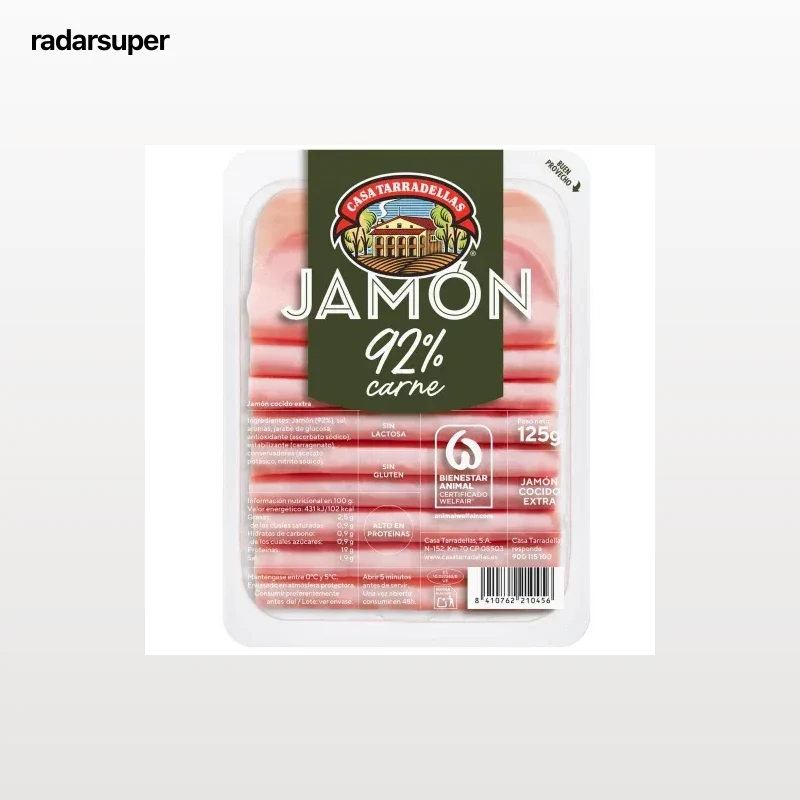 Jamón cocido extra en finas lochas Casa Tarradellas sin gluten y sin lactosa 125 g