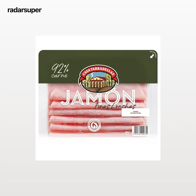 Jamón Cocido Extra en finas lonchas Casa Tarradellas sin gluten y sin lactosa 150 g