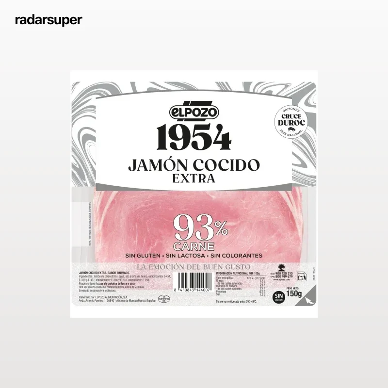Jamón cocido extra en lonchas 1954 ElPozo sin gluten y sin lactosa 150 g