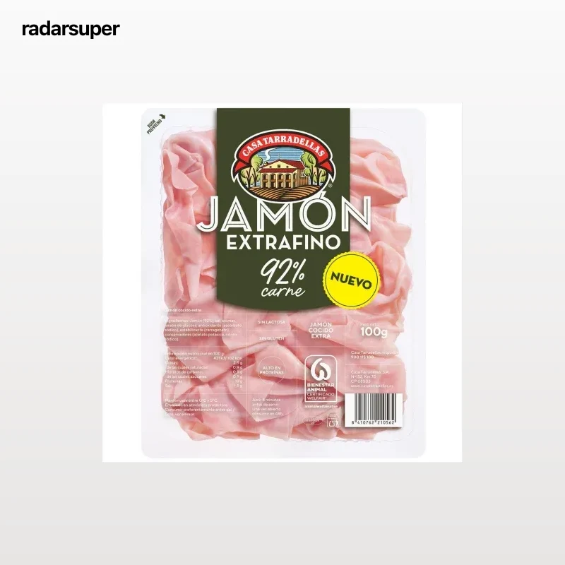 Jamón cocido extrafino en lonchas Casa Tarradellas sin gluten y sin lactosa 100 g
