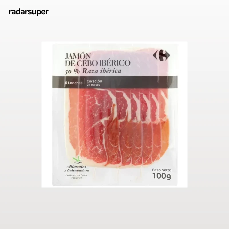 Jamón de cebo ibérico 50% raza ibérica en lonchas Carrefour 100 g