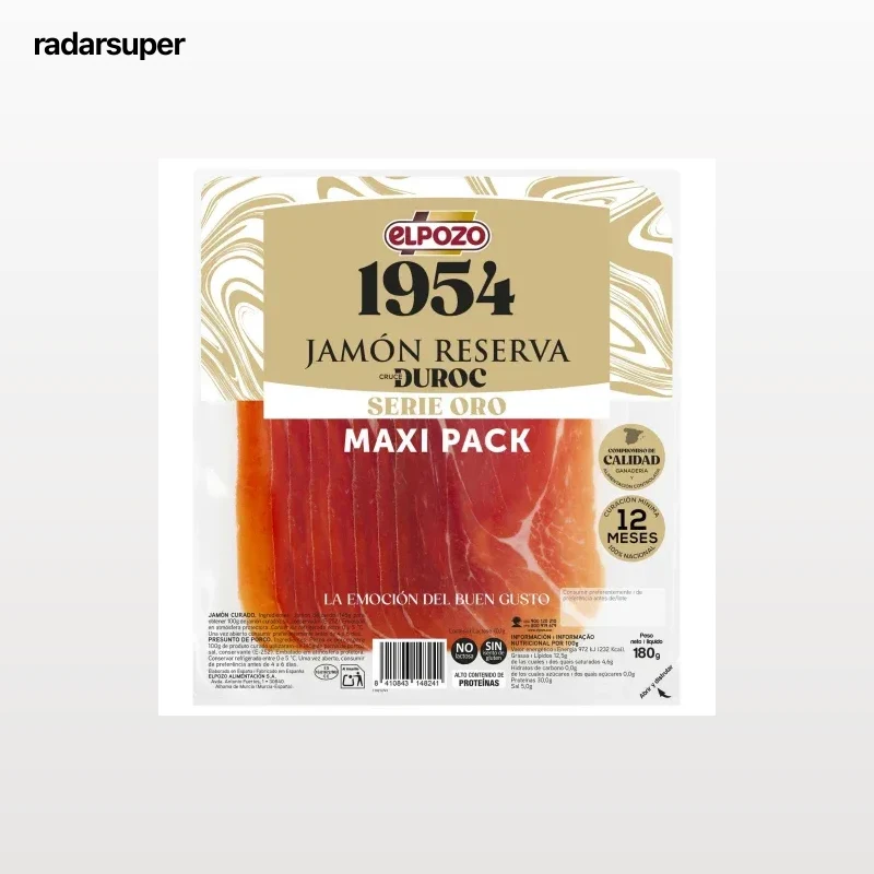 Jamón reserva curado en lonchas Serie Oro El Pozo 1954 sin gluten y sin lactosa 180 g