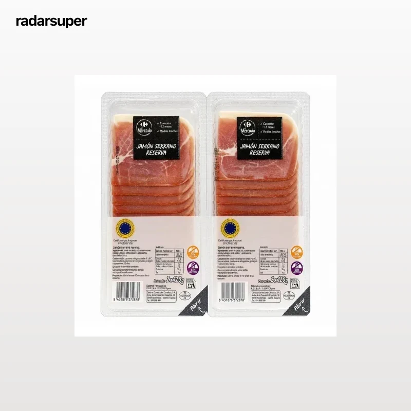 Jamón serrano reserva Carrefour El Mercado sin gluten y sin lactosa pack de 2 unidades de 120 g