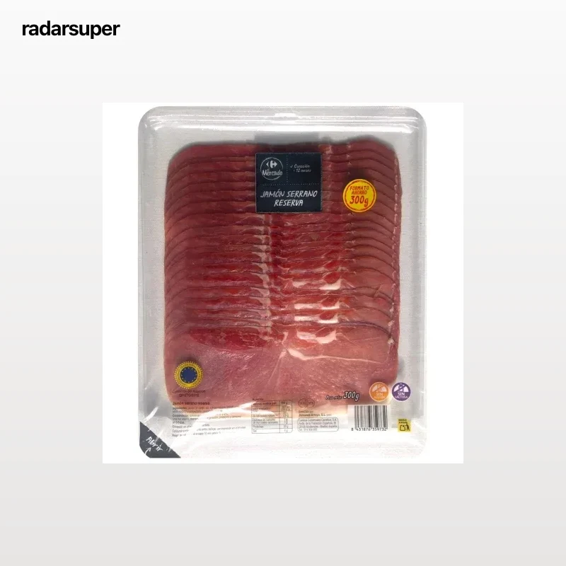 Jamón serrano reserva en lonchas Carrefour El Mercado sin gluten y sin lactosa 300 g