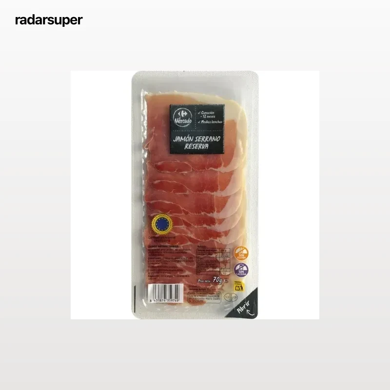 Jamón serrano reserva en lonchas Carrefour El Mercado sin gluten y sin lactosa 70 g