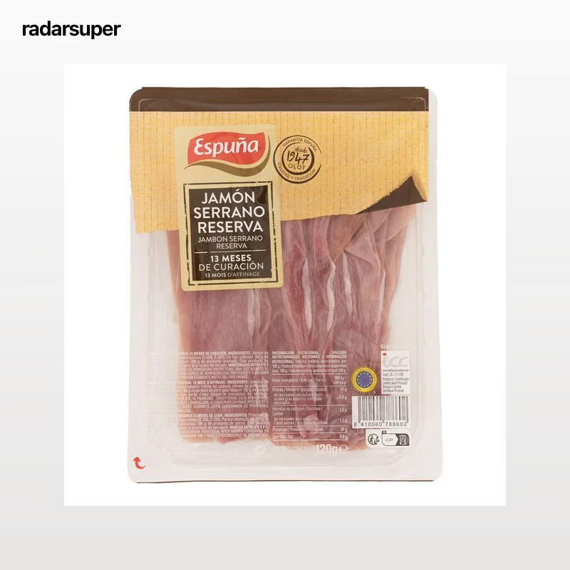 Jamon serrano RVA Espuña 120 gr lonchas.
