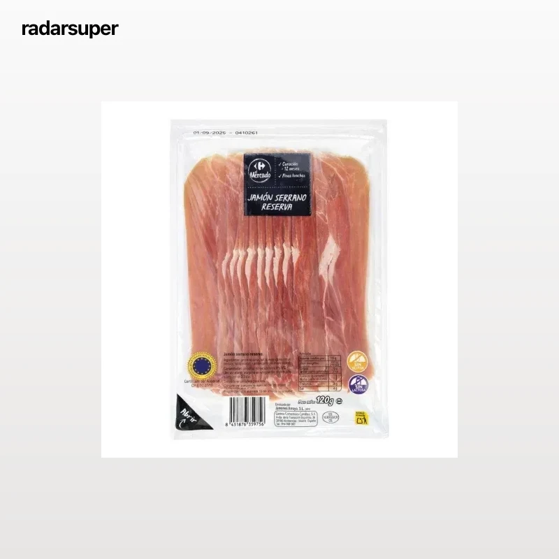 Jamón sserrano reserva en finas lonchas El Mercado sin gluten y sin lactosa 120 g
